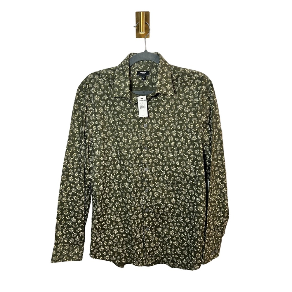 Express Botanical Floral Slim Button‎ Down Dress Shirt Stretch Olive Green S